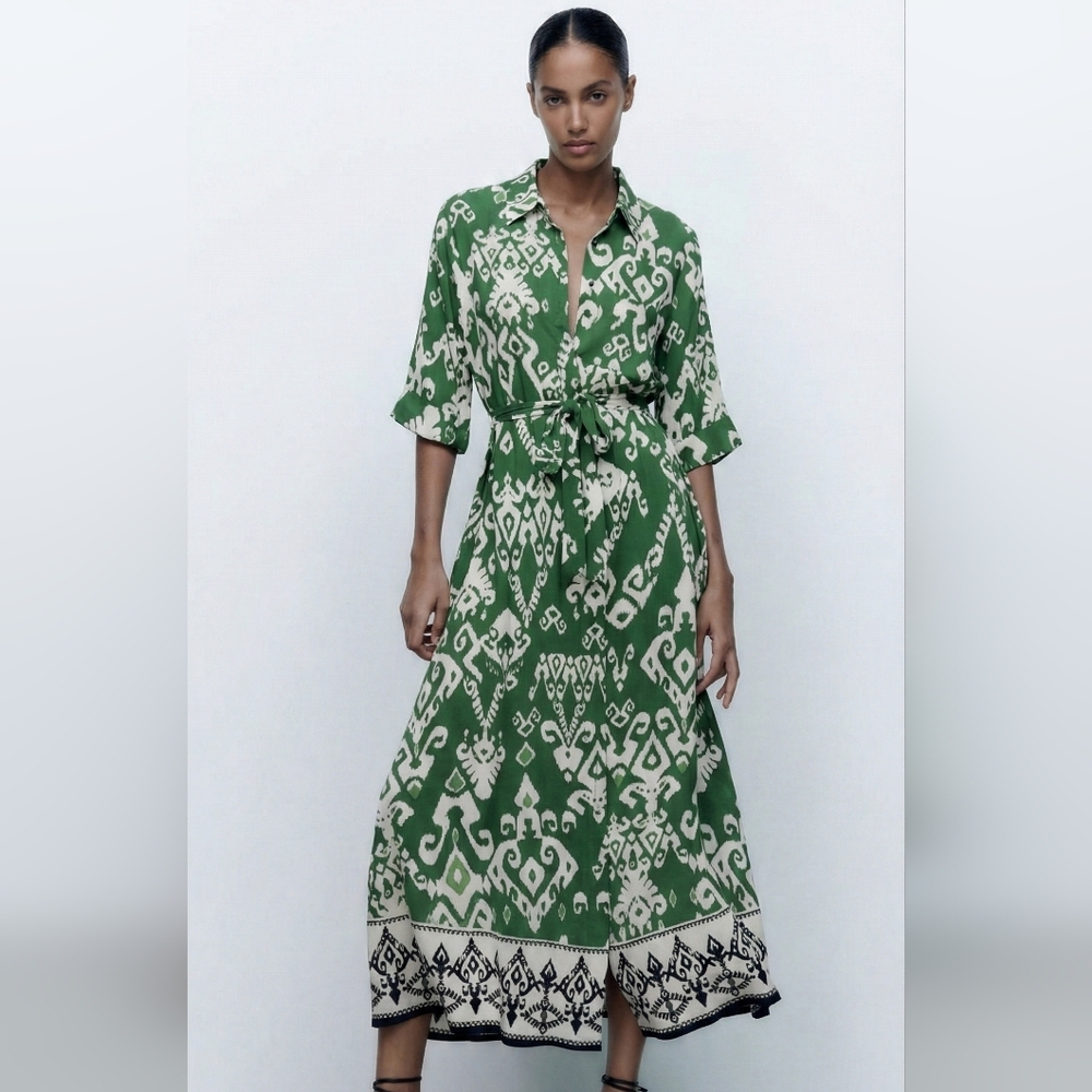 NWT Zara Womens Green Tribal Print Maxi Shirt Dress - Size XS